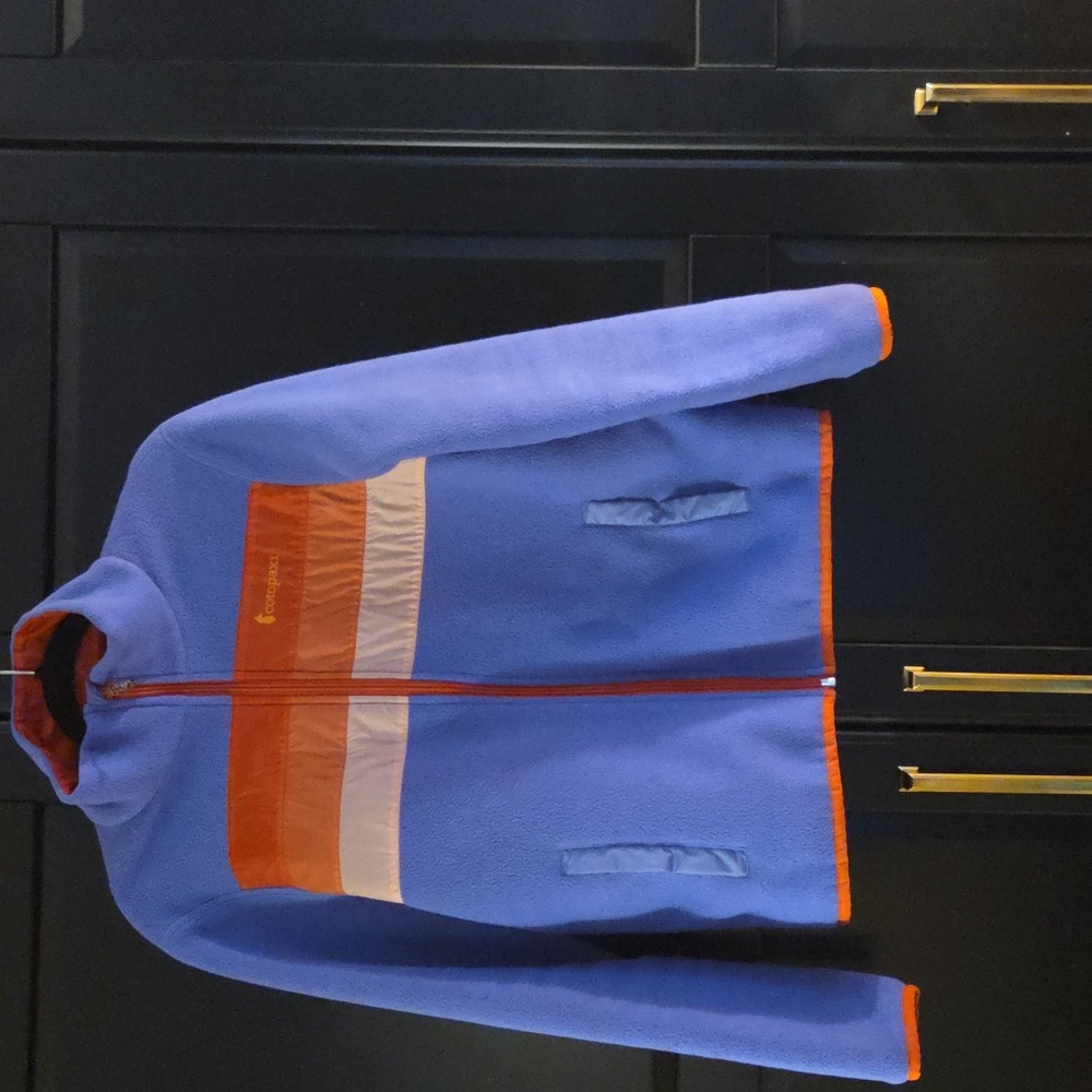cotopaxi Blue Fleece Zip-Up Jacket with Orange and Cream Stripes